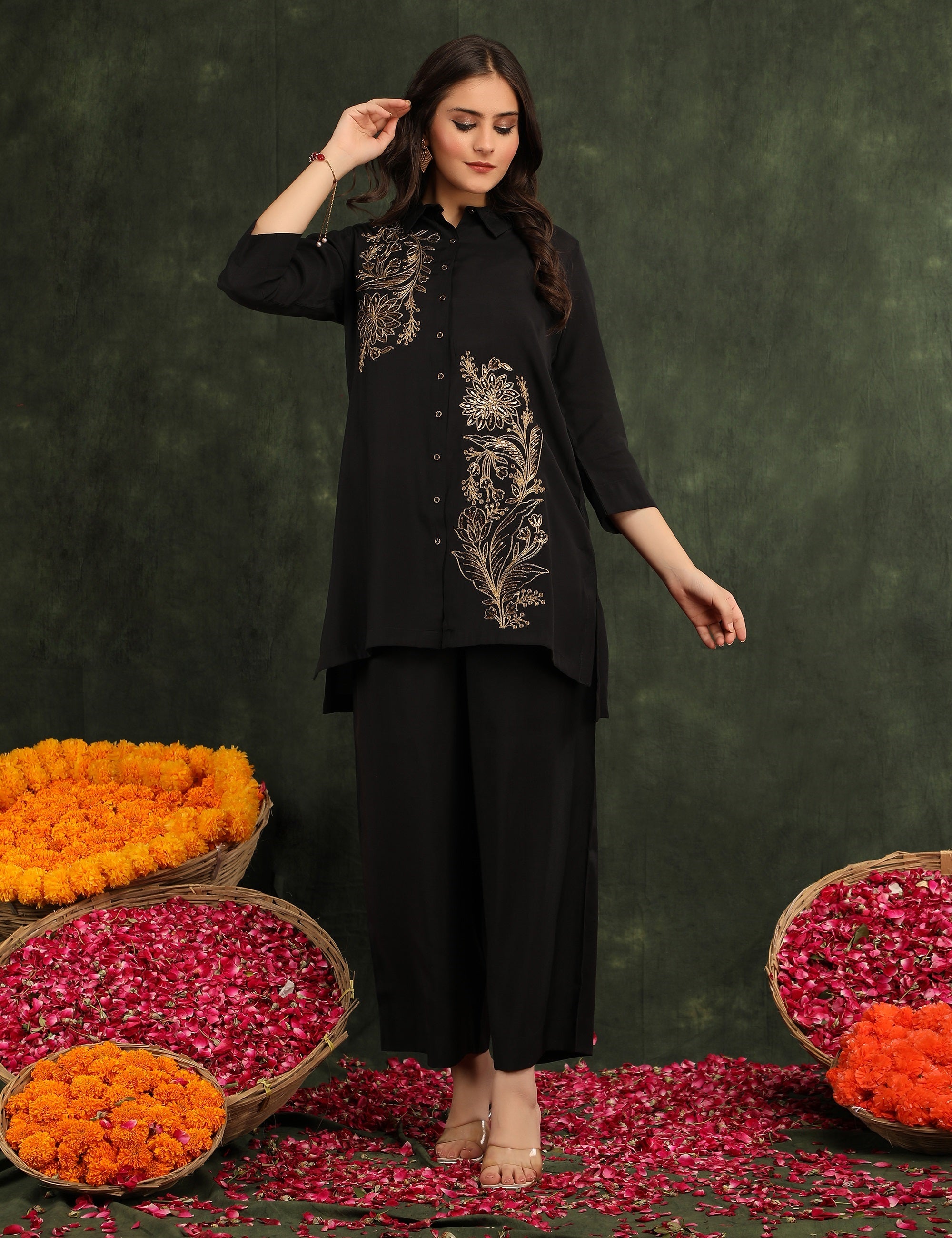 Bani Women Black & Gold Floral Embroidered Co-ord Set